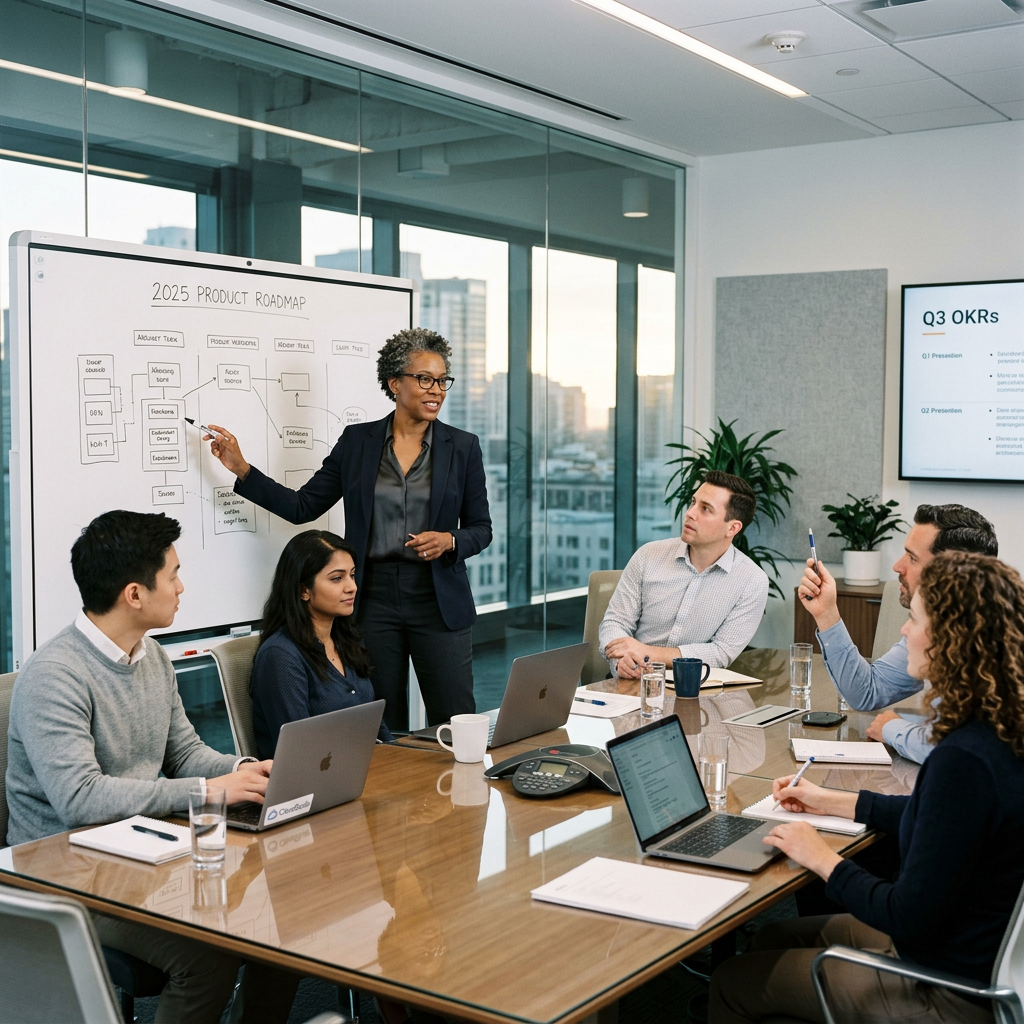 Team meeting with woman presenting 2025 product roadmap on whiteboard