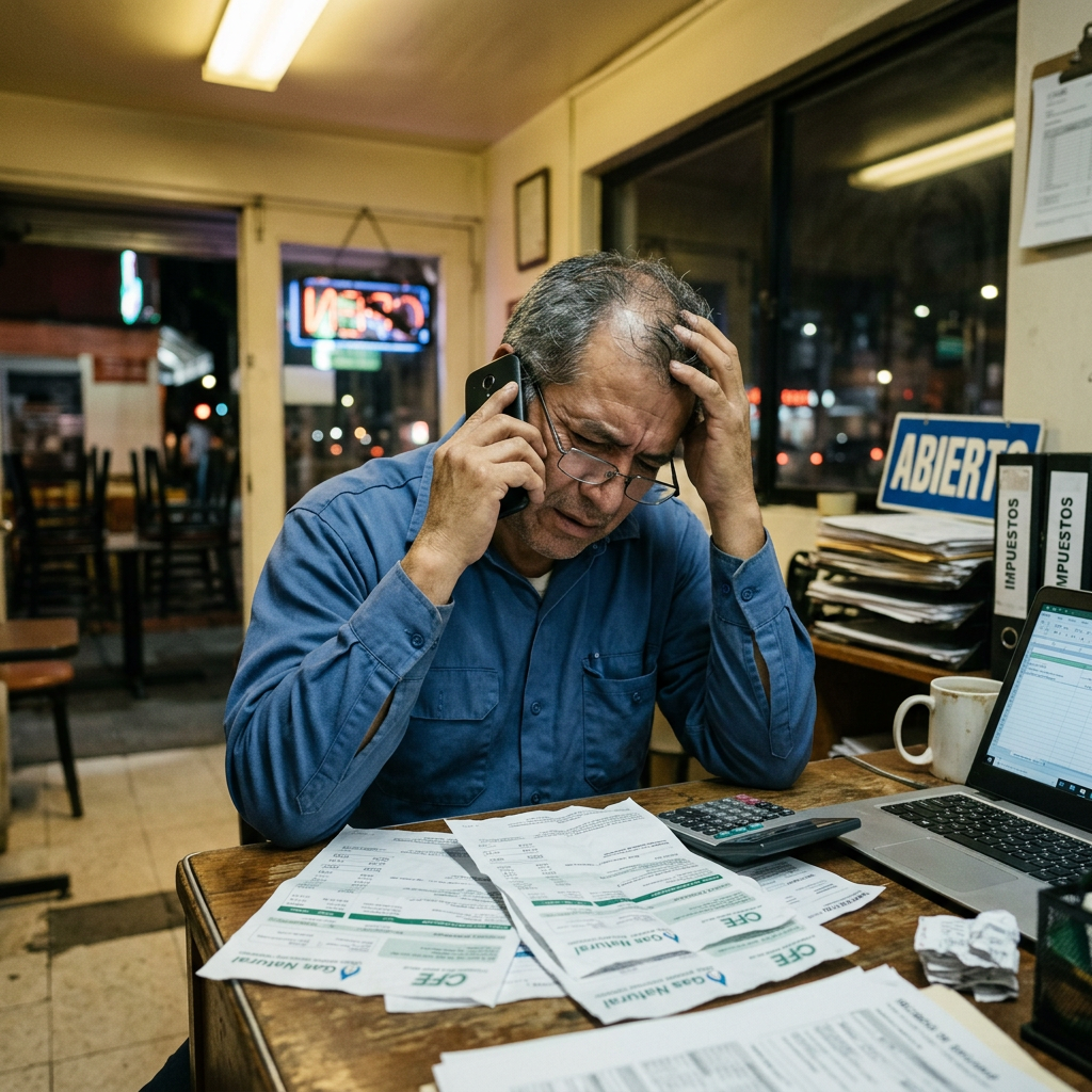 Man on phone looking stressed surrounded by bills, calculator, and laptop in office
