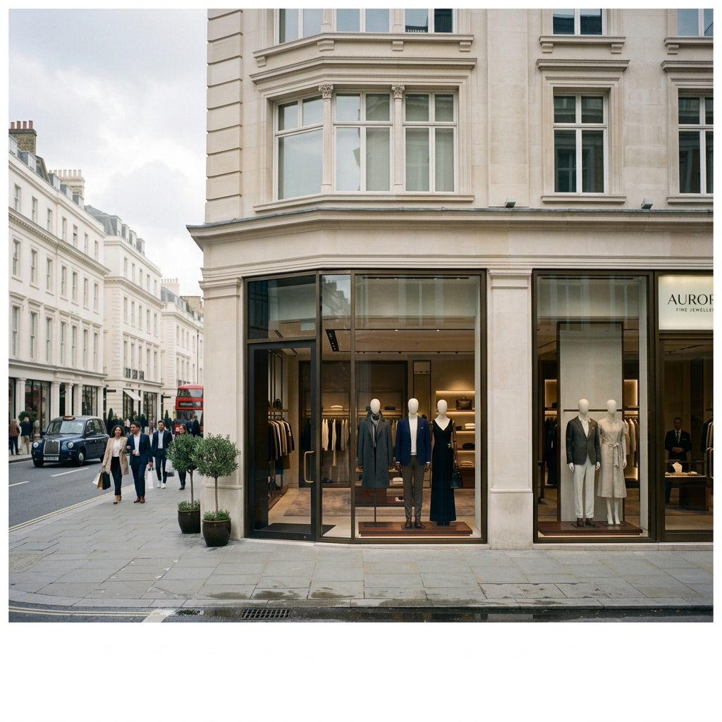 Luxury clothing boutique window with three mannequins in tailored outfits